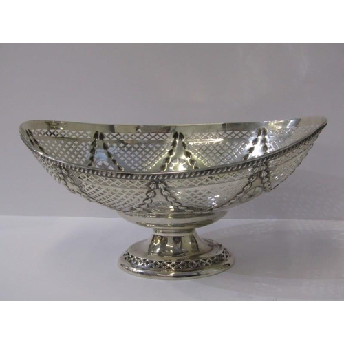 34 - LATE VICTORIAN SILVER STEMMED DISH, oval form pierced body dish on oval stemmed support, 28cm diamet... 