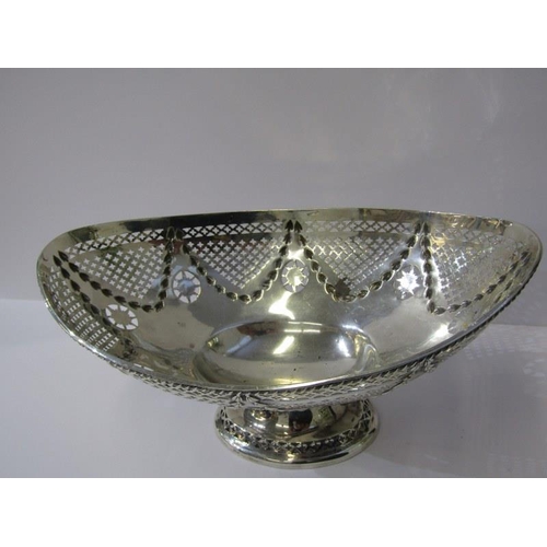 34 - LATE VICTORIAN SILVER STEMMED DISH, oval form pierced body dish on oval stemmed support, 28cm diamet... 