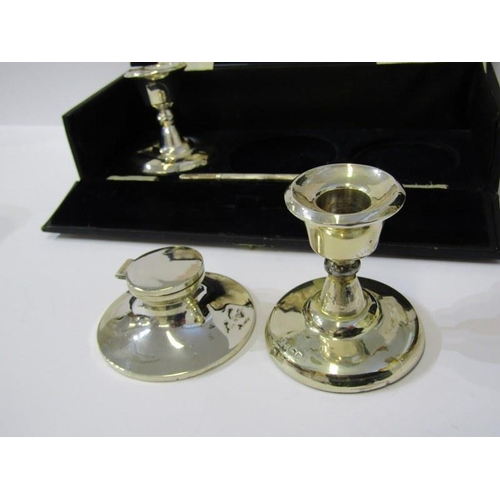 39 - BOXED SILVER WRITING SET, comprising circular ink well, pair of weighted dwarf candlesticks, (1 a/f)... 