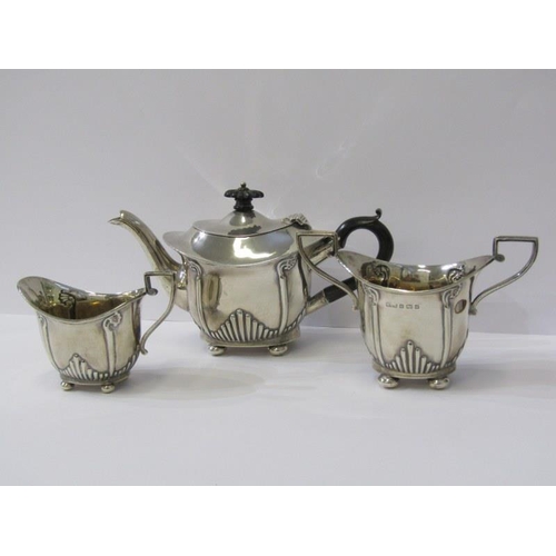 4 - BATCHELOR SILVER TEA SET, 3 piece silver tea set, teapot with fluted decoration on bun feet, with eb... 