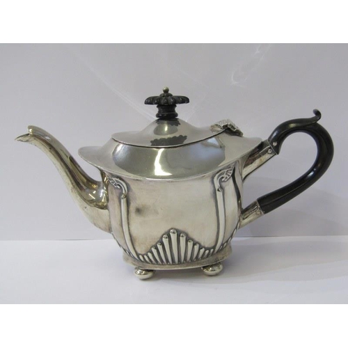 4 - BATCHELOR SILVER TEA SET, 3 piece silver tea set, teapot with fluted decoration on bun feet, with eb... 