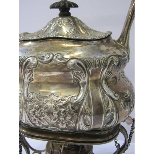 44 - EDWARDIAN SILVER SPIRIT KETTLE ON STAND, with ebony handle and finial, floral and foliate decoration... 