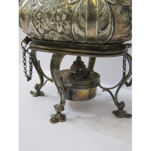 44 - EDWARDIAN SILVER SPIRIT KETTLE ON STAND, with ebony handle and finial, floral and foliate decoration... 