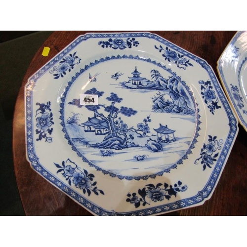 454 - CHINESE UNDERGLAZE BLUE CHARGERS, a pair of Chinese octagonal form charges decorated landscapes with... 