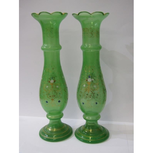 456 - VICTORIAN GLASS VASES,  pair of green glass vases with enameled decoration 36cms height