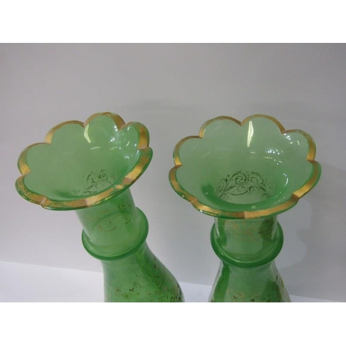 456 - VICTORIAN GLASS VASES,  pair of green glass vases with enameled decoration 36cms height