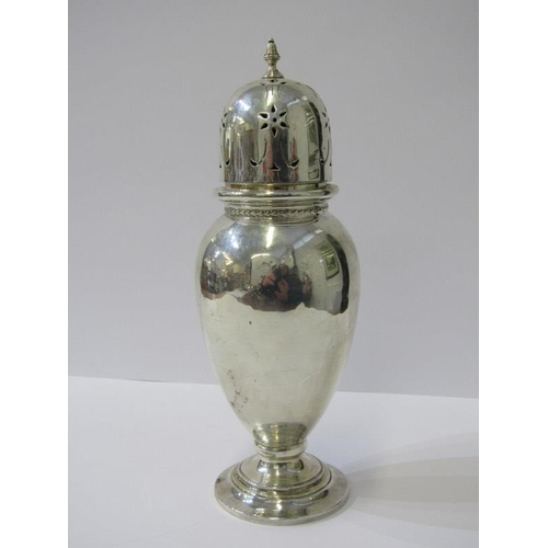 5 - SILVER SUGAR CASTOR, castor of baluster form on circular stepped foot, Birmingham HM, 1923, 21cm hei... 