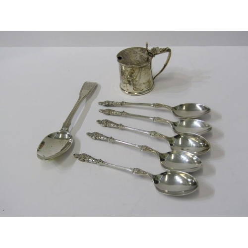 51 - SILVER SPOONS & CONDIMENT, silver mustard with blue glass liner, Birmingham HM, 5 silver apostle tea... 