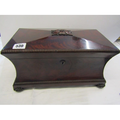 530 - GEORGIAN TEA CADDY, figured mahogany waisted rectangular bodied tea caddy with fitted interior and c... 