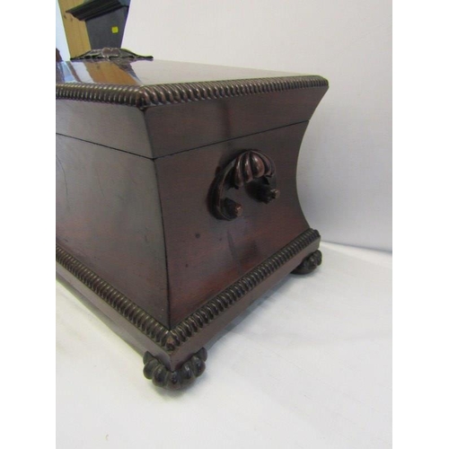 530 - GEORGIAN TEA CADDY, figured mahogany waisted rectangular bodied tea caddy with fitted interior and c... 