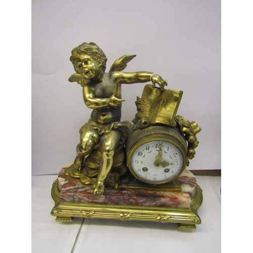 532 - FRENCH MANTEL CLOCK, coloured marble base ormolu mantel clock, with amorini cresting with French cyl... 