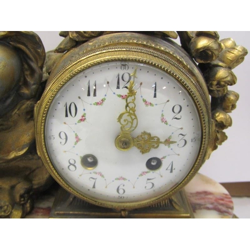 532 - FRENCH MANTEL CLOCK, coloured marble base ormolu mantel clock, with amorini cresting with French cyl... 