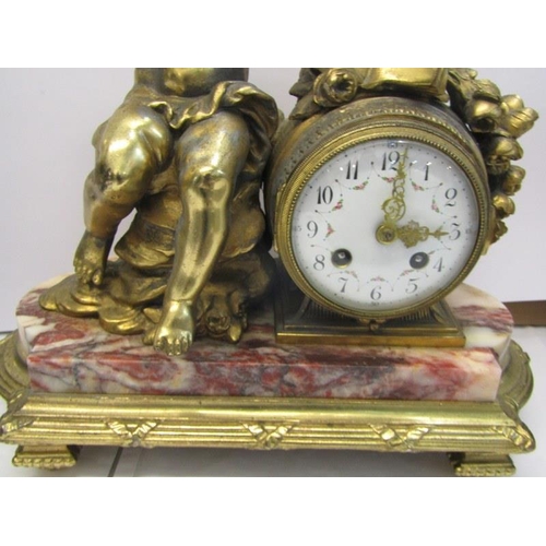 532 - FRENCH MANTEL CLOCK, coloured marble base ormolu mantel clock, with amorini cresting with French cyl... 