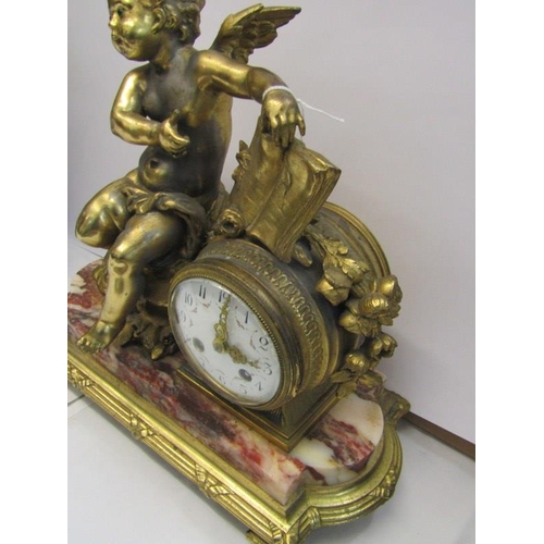 532 - FRENCH MANTEL CLOCK, coloured marble base ormolu mantel clock, with amorini cresting with French cyl... 