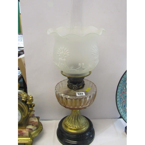 533 - ANTIQUE OIL LAMP, brass circular base oil lamp with cut glass reservoir and frosted glass crinoline ... 