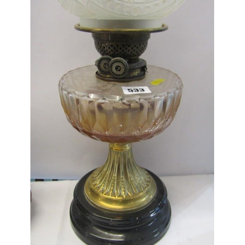 533 - ANTIQUE OIL LAMP, brass circular base oil lamp with cut glass reservoir and frosted glass crinoline ... 