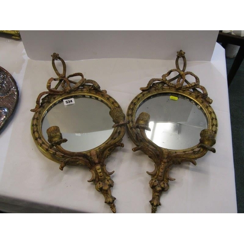 534 - ANTIQUE GIRANDOLES, pair of circular gilt framed twin branch girandoles with ribbon cresting, 56cm h... 