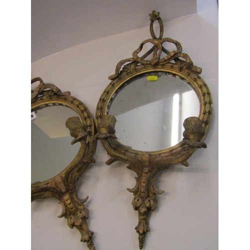 534 - ANTIQUE GIRANDOLES, pair of circular gilt framed twin branch girandoles with ribbon cresting, 56cm h... 