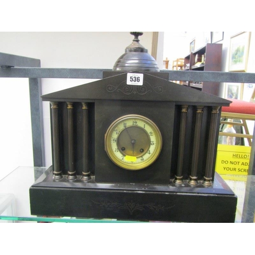 536 - VICTORIAN MANTEL CLOCK, black marble temple design mantel clock, 43cm height