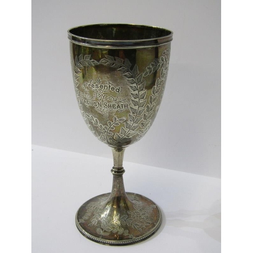 57 - VICTORIAN SILVER TROPHY GOBLET, engraved with fern designs, Sheffield 1872, 15cm height, 122 grams