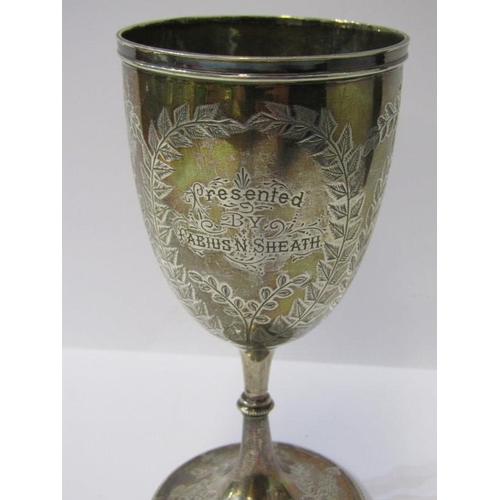 57 - VICTORIAN SILVER TROPHY GOBLET, engraved with fern designs, Sheffield 1872, 15cm height, 122 grams