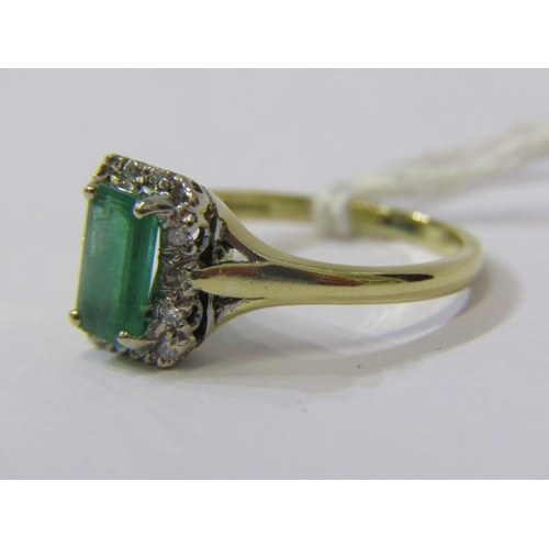 77 - 18ct YELLOW GOLD EMERALD & DIAMOND CLUSTER RING, principal rectangular cut emerald surrounded by bri... 