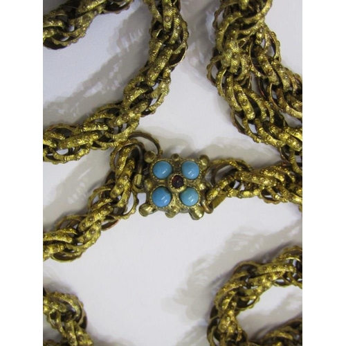 78 - ANTIQUE PINCHBECK ROPE TWIST STYLE NECKLACE with turquoise and garnet clasp, 36