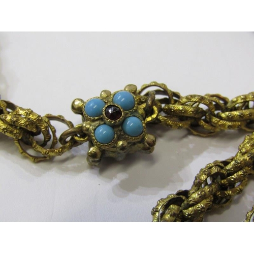 78 - ANTIQUE PINCHBECK ROPE TWIST STYLE NECKLACE with turquoise and garnet clasp, 36