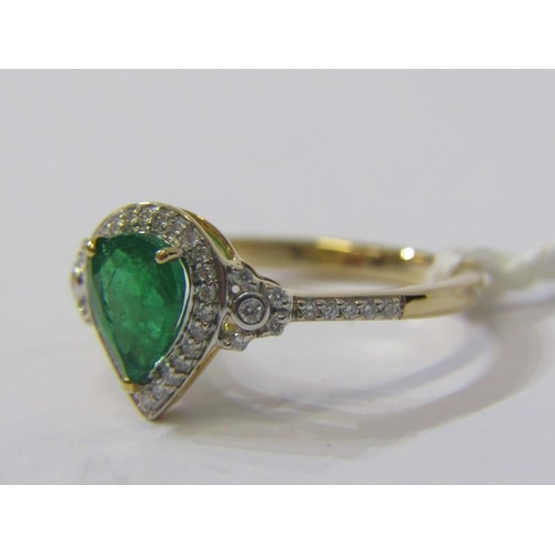 80 - 18ct YELLOW GOLD EMERALD & DIAMOND RING, principal pear cut emerald in excess of 1 ct, surrounded by... 