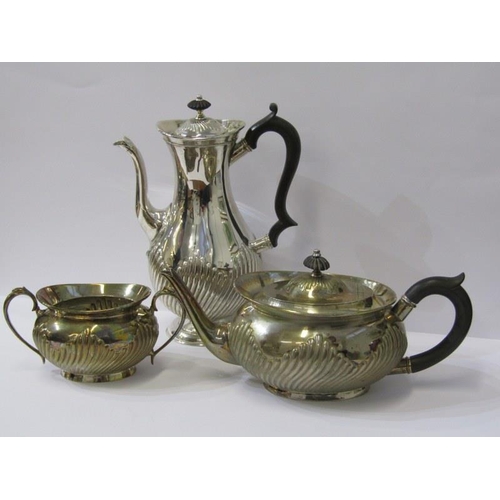 9 - VICTORIAN SILVER 3 PIECE TEA SET, with ebony handles and finials with half fluted decoration, maker ... 