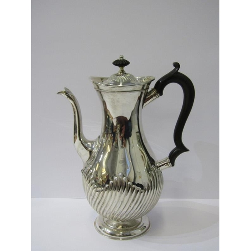 9 - VICTORIAN SILVER 3 PIECE TEA SET, with ebony handles and finials with half fluted decoration, maker ... 