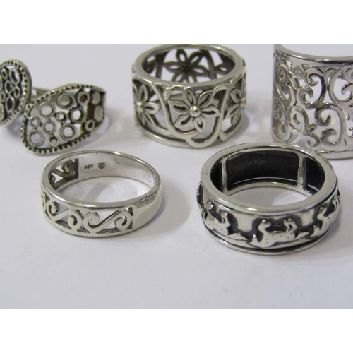 99 - SILVER RINGS, selection of 5 silver rings including flower design, wave design, galloping horses, et... 