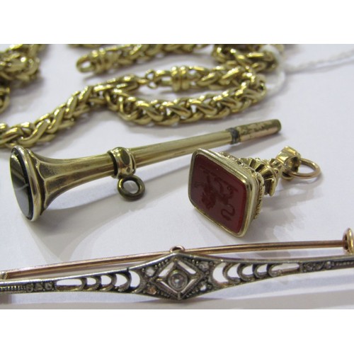 91 - SELECTION OF YELLOW METAL ITEMS, including propelling pencil fob, intaglio carved carnelian fob, yel... 