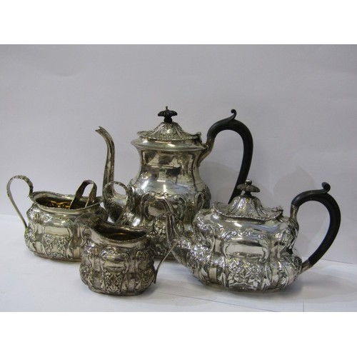 46 - MATCHED SILVER 4 PIECE TEA & COFFEE SET,  with ebony handles and finials, floral and foliate decorat... 