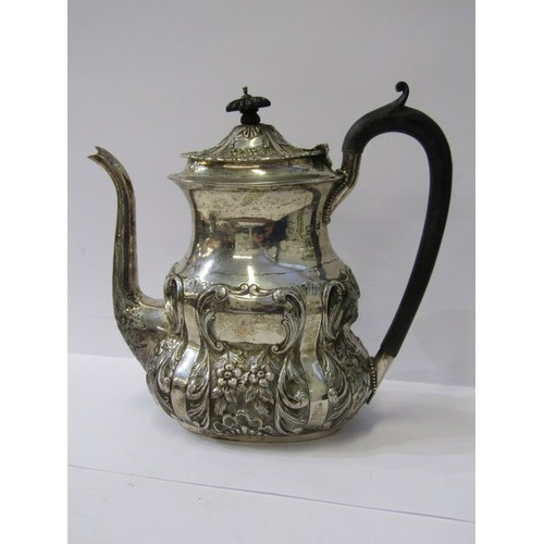 46 - MATCHED SILVER 4 PIECE TEA & COFFEE SET,  with ebony handles and finials, floral and foliate decorat... 