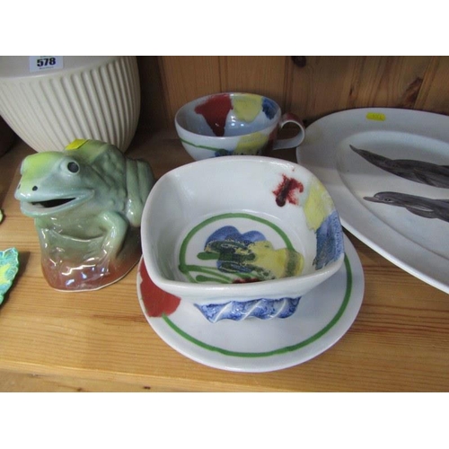 782 - HORNSEA VASE, pottery frog and contents of shelf