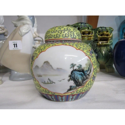 10 - ORIENTAL CERAMICS, 3 small ginger jars with lids together with a pair of temple dog figures