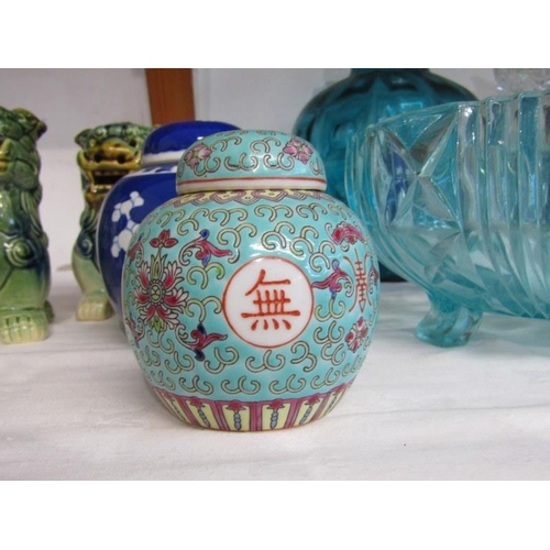 10 - ORIENTAL CERAMICS, 3 small ginger jars with lids together with a pair of temple dog figures