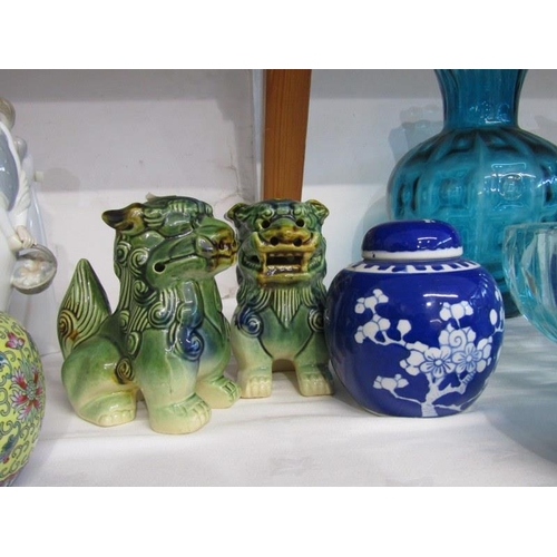 10 - ORIENTAL CERAMICS, 3 small ginger jars with lids together with a pair of temple dog figures