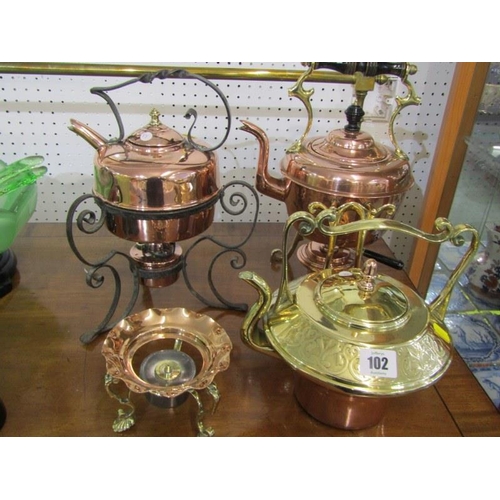 102 - ANTIQUE METALWARE, Edwardian copper and brass tea kettle, together with 2 similar copper tea kettles