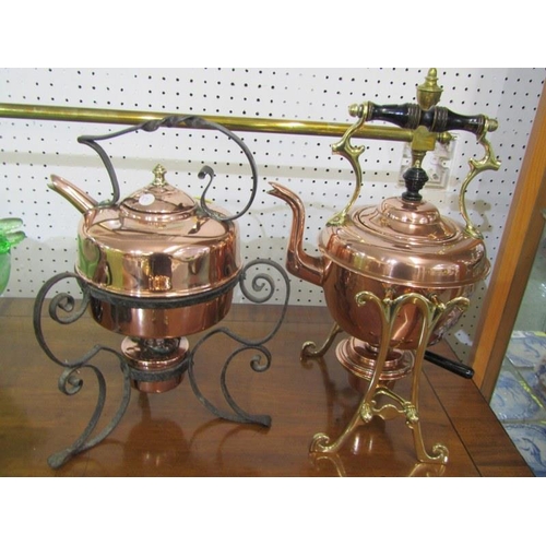 102 - ANTIQUE METALWARE, Edwardian copper and brass tea kettle, together with 2 similar copper tea kettles