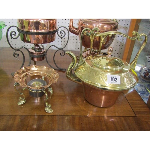 102 - ANTIQUE METALWARE, Edwardian copper and brass tea kettle, together with 2 similar copper tea kettles