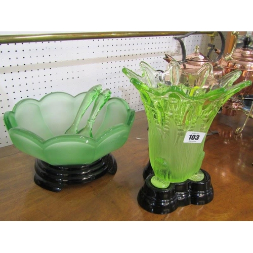 103 - ART DECO, green glass flower display depicting frogs in bull rushes, together with similar green gla... 