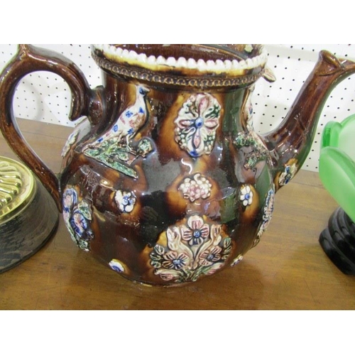 105 - ANTIQUE POTTERY BARGEWARE TEA POT, a large Measham treacle glazed tea pot with plaque 