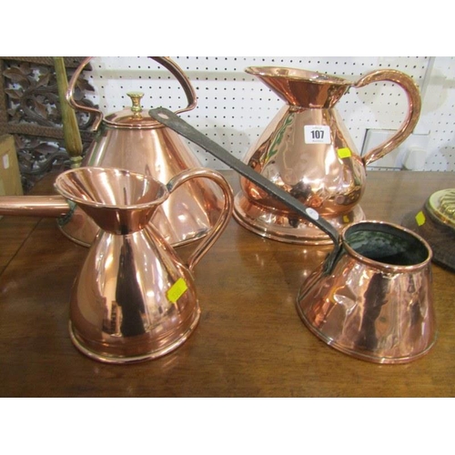 107 - METALWARE, Georgian design copper half galleon measure, conical tea pot, ladle and 1 other