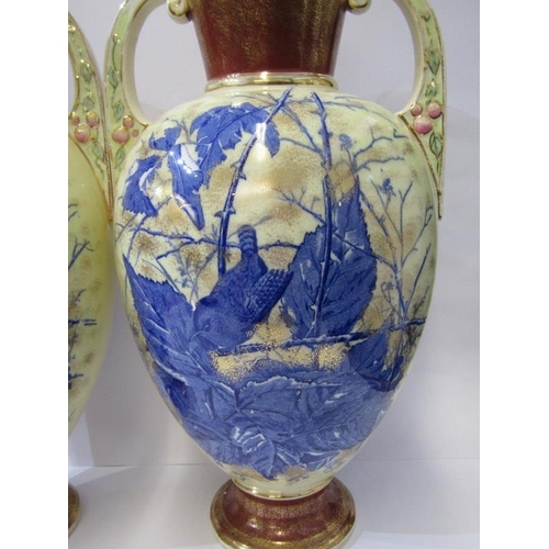 2 - ANTIQUE POTTERY, a pair of Victorian pottery two handled vases printed in blue with the Wren pattern... 