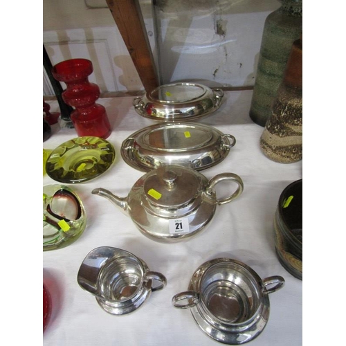 21 - PLATED WARE Collection of plated ware including 2 covered serving dishes and a 3 piece tea set