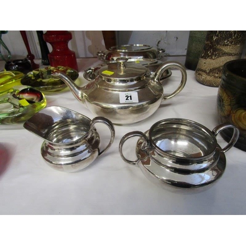 21 - PLATED WARE Collection of plated ware including 2 covered serving dishes and a 3 piece tea set