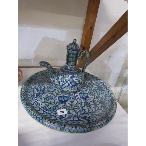 25 - SPANISH POTTERY, Granada pottery 40cm circular tray and similar ewer, possibly Fajalauza factory