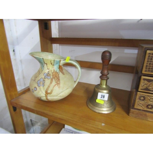 28 - ART DECO CROWN DEVON JUG, hand bell and Japanese parquetry jewel cabinet